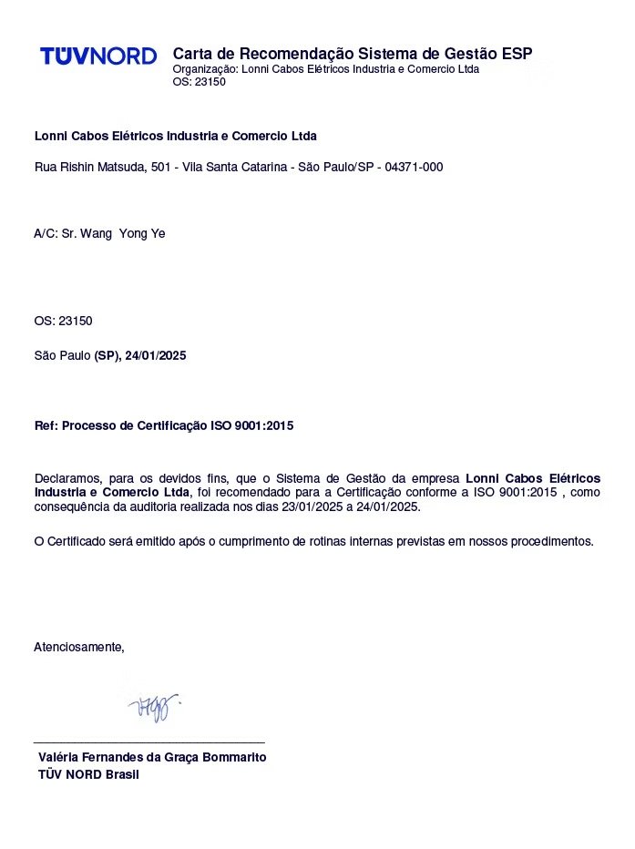Carta de Recomendação ISO 9001:2015 emitida pela TÜV NORD Brasil em 24/01/2025 para Lonni Cabos Elétricos Indústria e Comércio Ltda, assinada por Valéria Fernandes da Graça Bommarito
